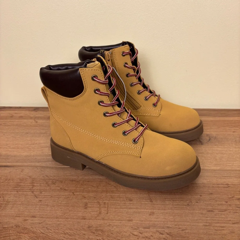 STEVE MADDEN JJumble Combat Boots Tan Kids Size 4 Side Zip Lace Up Low Heel